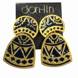 VTG 1990s DON LIN EARRINGS MATTE GOLD ENAMEL CHUNKY DOOR KNOCKER NEW OLD STOCK